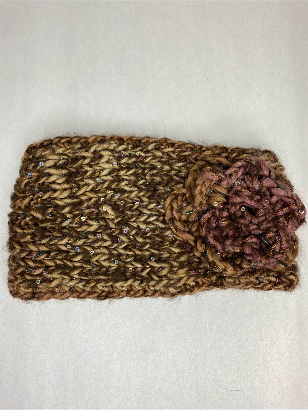 Scala Pronto Brown Tinsel Sequin Knit Floral Ear Warmer Headband Soft Cozy